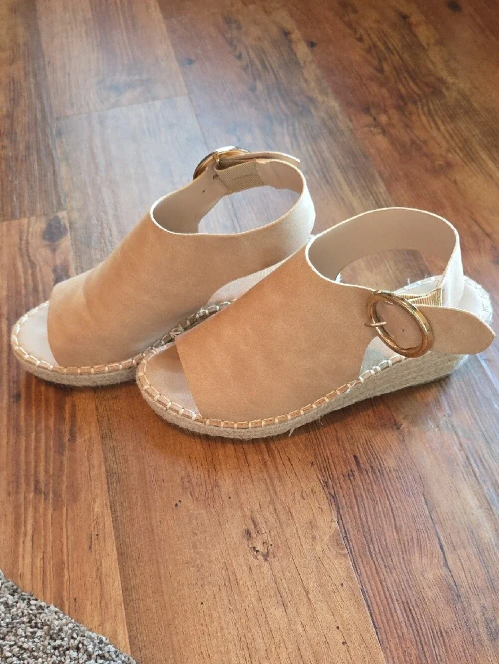 Catherine Malandrino Tan Peep-Toe Espadrille Wedges with Gold Buckle - Size 8